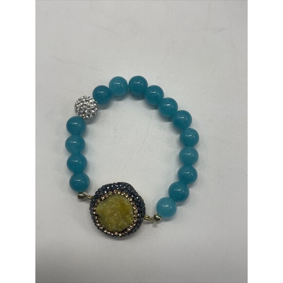 Sacred Stones Natural Blue Agate Stone And Druzy Stone Stretch Bracelet New - Picture 2 of 6